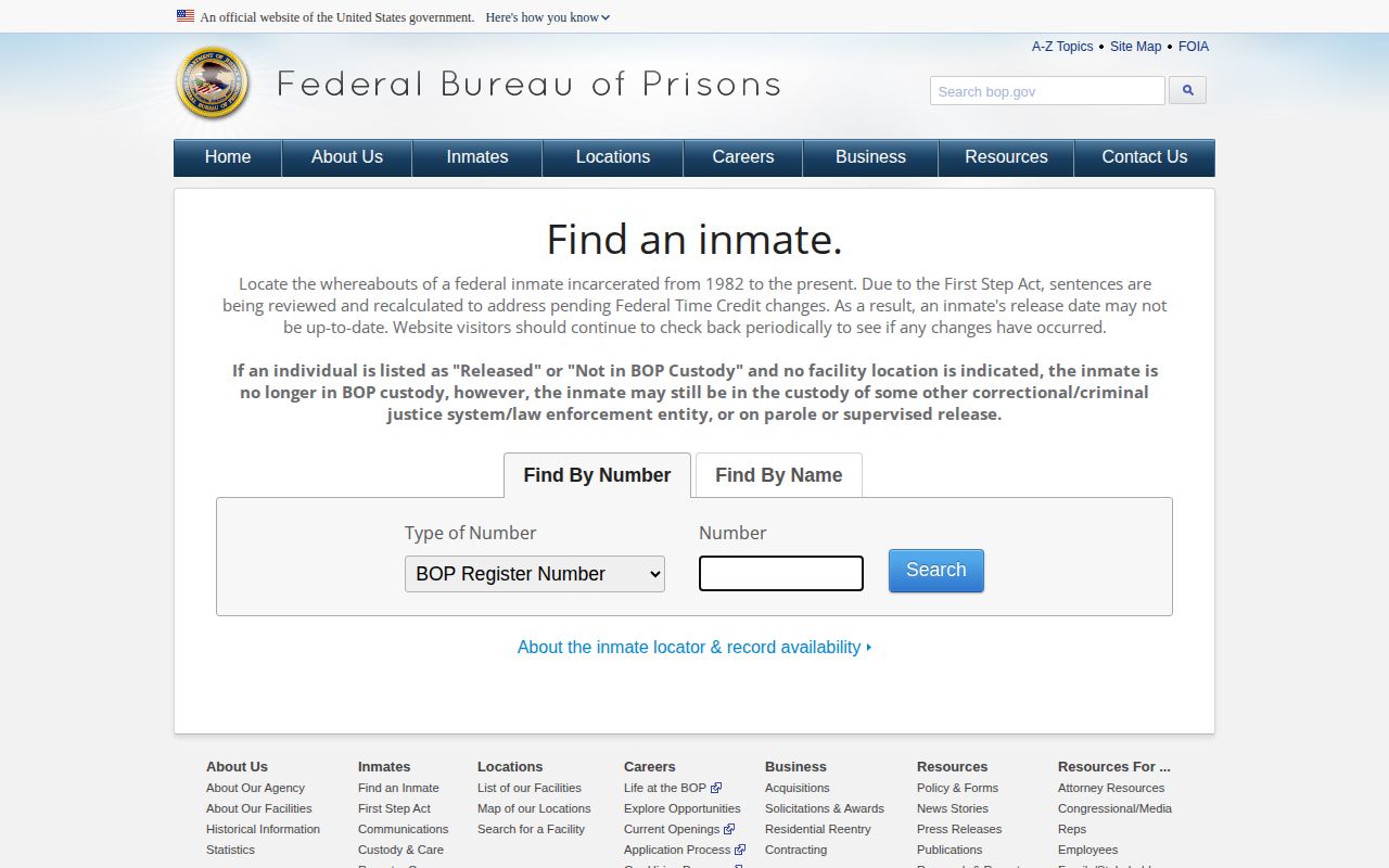 Federal Bureau of Prisons locator for a federal release connected to Doddridge County
