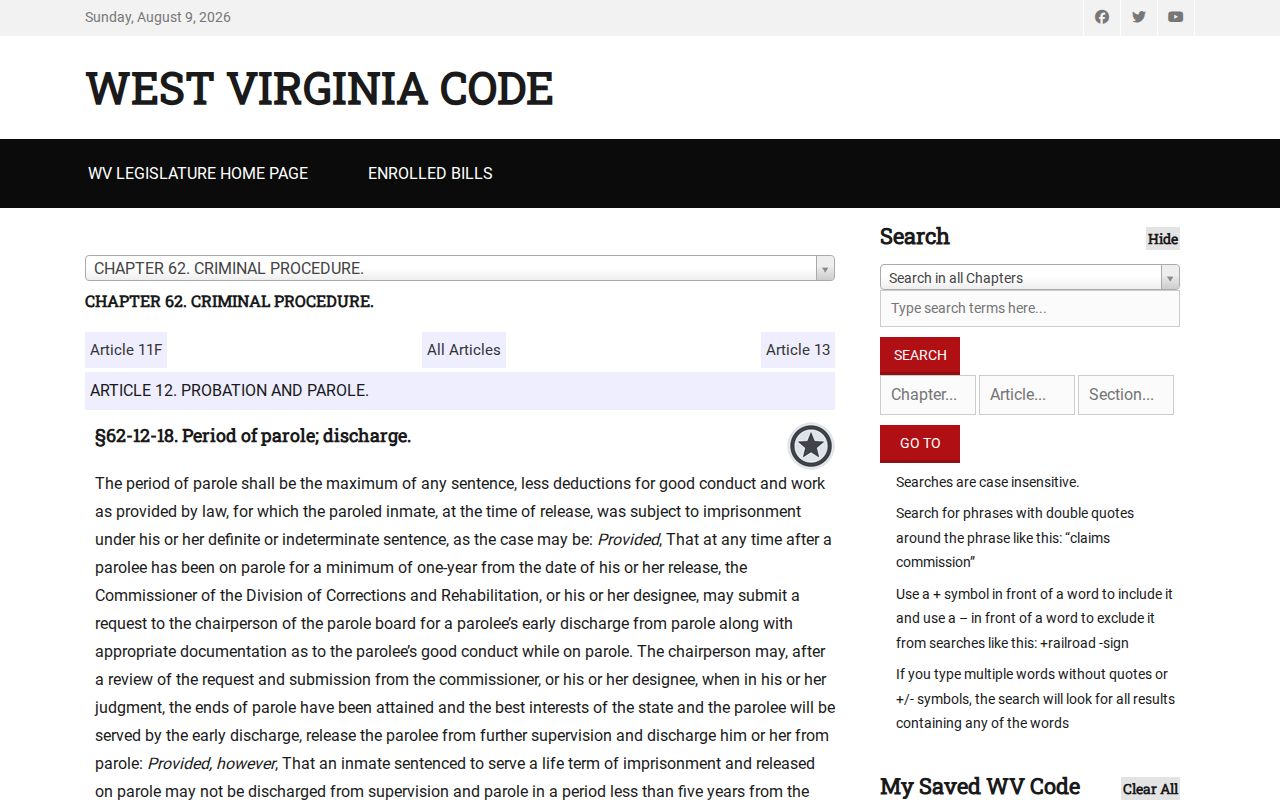 Doddridge County parole release and discharge statute