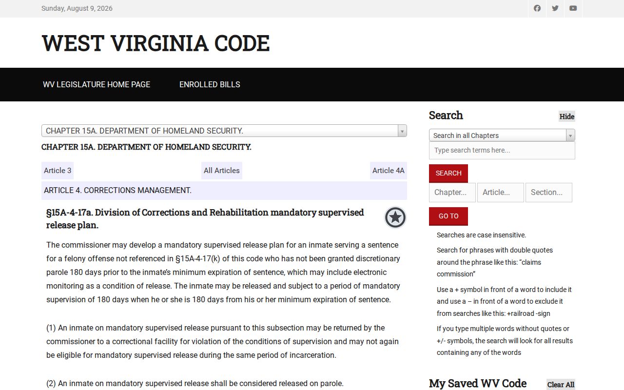 Doddridge County mandatory supervised inmate release date law