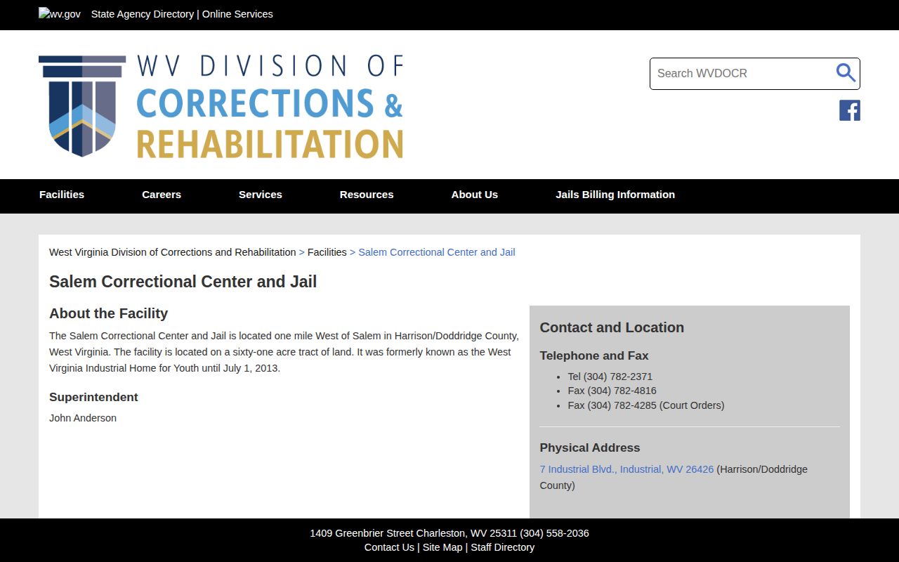 Salem Correctional Center and Jail release records facility page